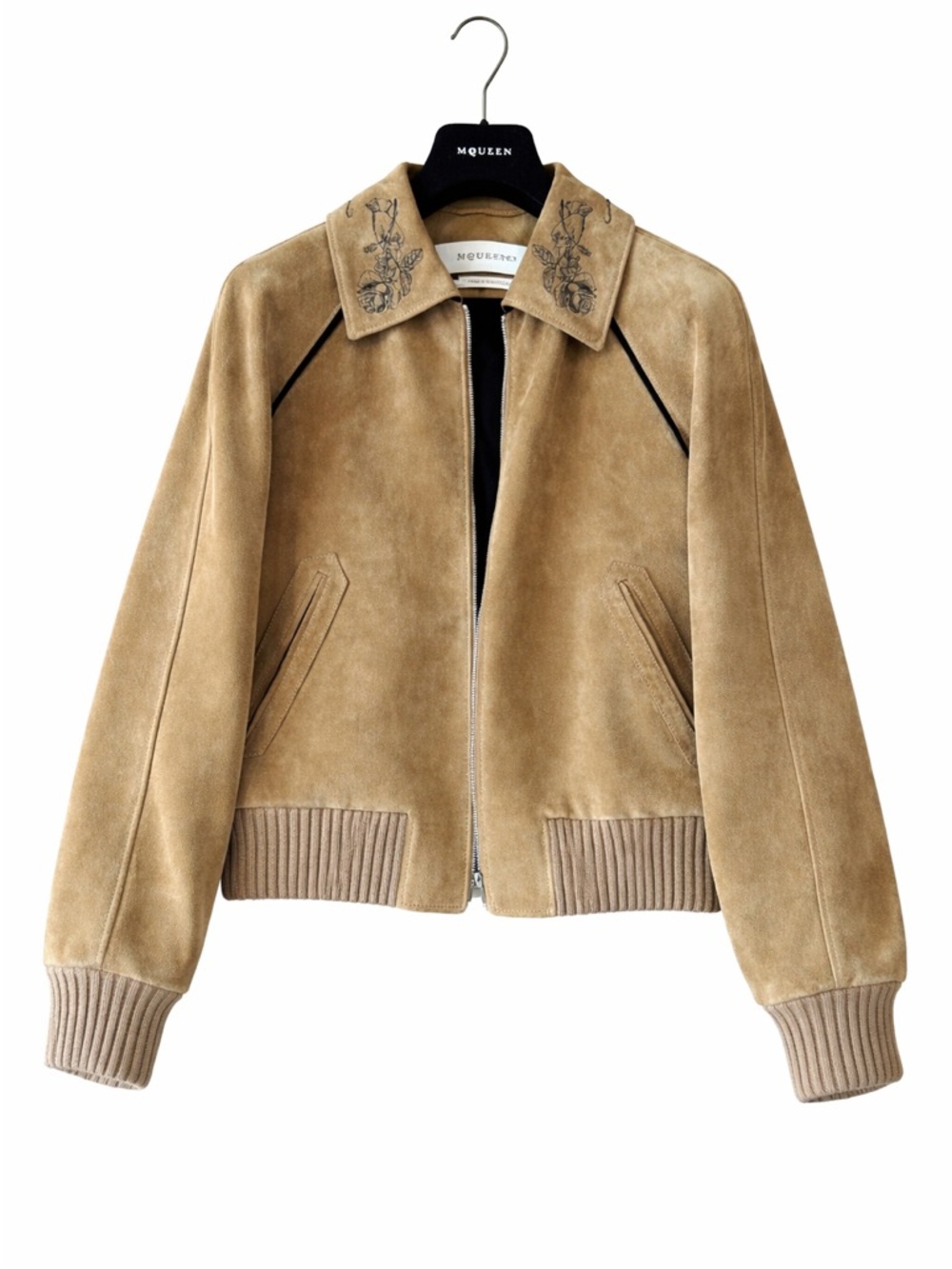 Alexander McQueen Beige Suede Bomber Jacket with Embroidered Collar